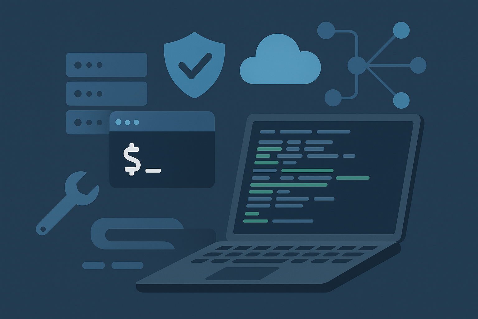 Laptop mit Code, Terminal-Symbol, Serverracks, Cloud und Werkzeugsymbol als digitale Illustration für Bash-Skripte und IT-Tools