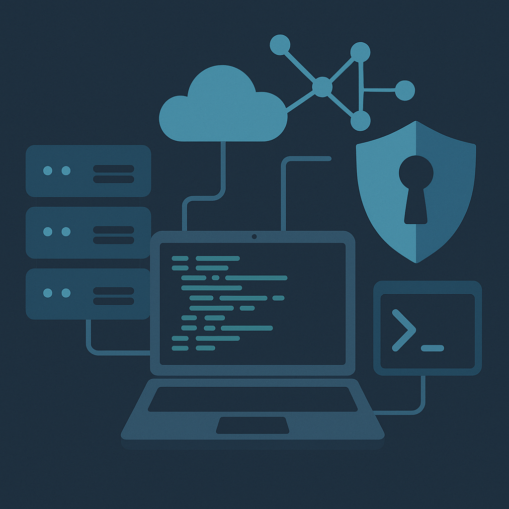 Server, Laptop mit Code, Cloud und Netzwerksymbole als digitale Illustration für IT-Tools, Netzwerkmanagement und Sicherheit