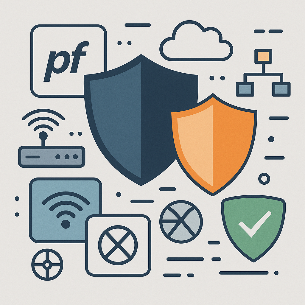 Firewall- und Netzwerkschutz-Symbole, darunter pfSense, OPNsense, OpenWRT, AdGuard Home und DNS-Schutz in moderner Illustration
