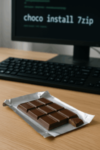 Schreibtisch mit geöffneter Schokoladentafel und Computerarbeitsplatz im Hintergrund