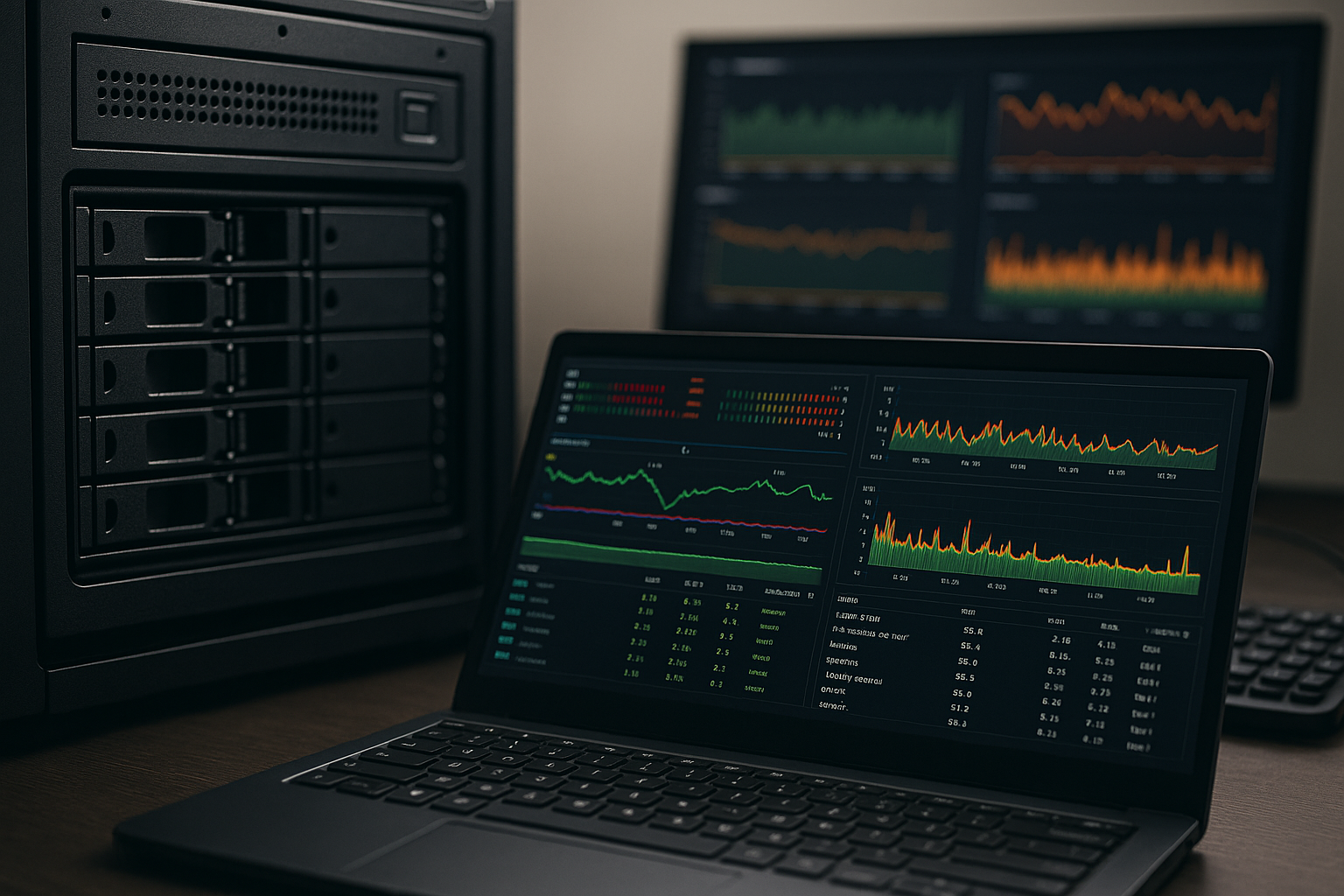 Serverrack und Laptop auf Schreibtisch – Darstellung minimalistischer Serverüberwachung