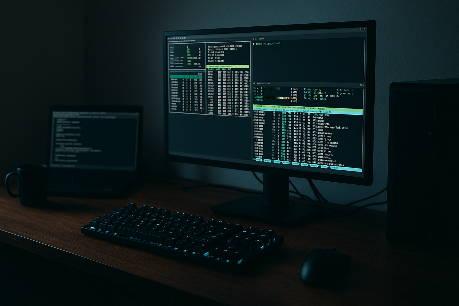 Computerarbeitsplatz mit mehreren Monitoren und geöffneten Terminal-Sitzungen