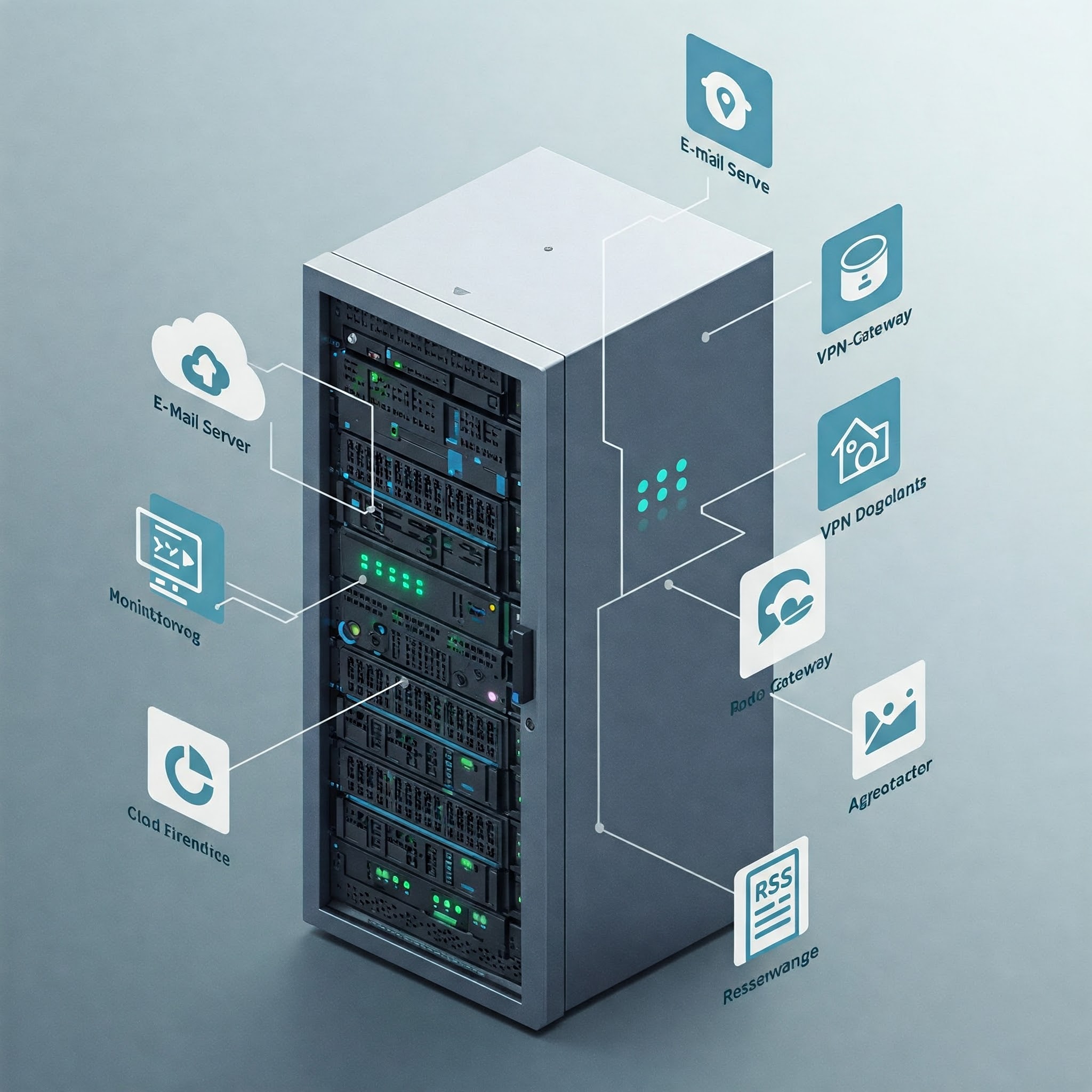 Digitaler Server mit Icons für selbst gehostete Dienste wie Cloud, Mail, VPN und mehr.